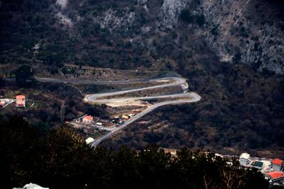 High angle view of trees and mountains