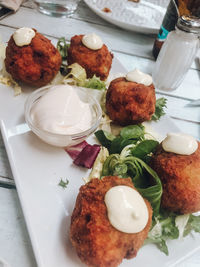 High angle view of food served on table