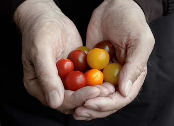 Midsection of person holding tomatoes