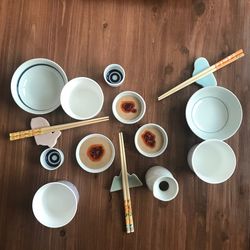 High angle view of breakfast on table