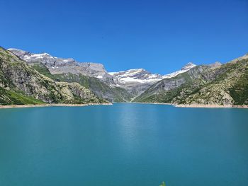 Scenic view of lake against clear blue sky