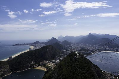 High angle view of city by sea against sky