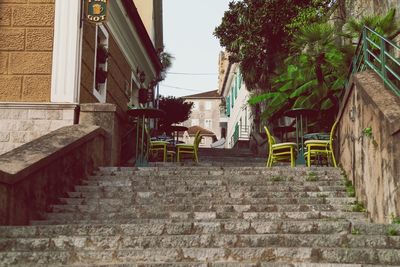 Low angle view of steps amidst buildings