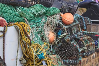 Close-up of fishing nets at harbor