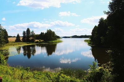 Reflection of sky and trees in lake on sunny day