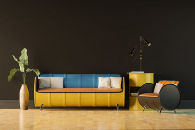 Steel drum furniture in loft room design, living room, minimal, 3d rendering