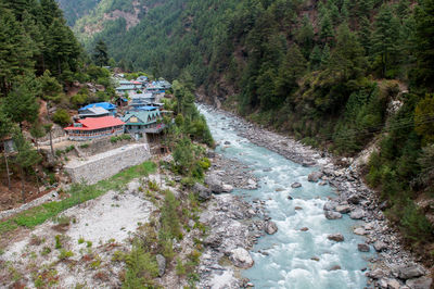 High angle view of river amidst trees in forest