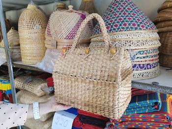 Close-up of wicker basket for sale in market