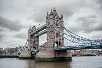 Bridge over river against cloudy sky