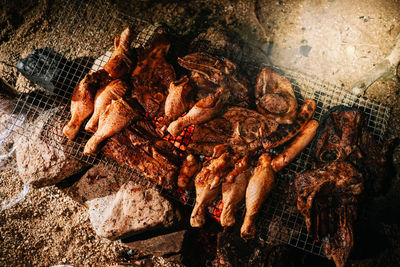 High angle view of crab on barbecue grill