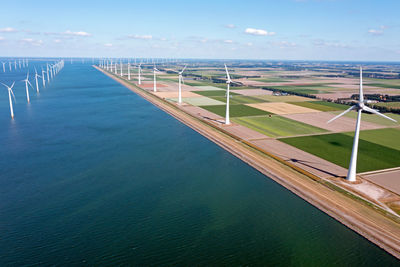 Aerial from wind turbines in the ijsselmeer in friesland in the netherlands