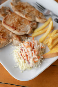 High angle view of food served on table