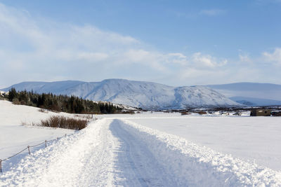 Scenic view of snow covered mountains against sky