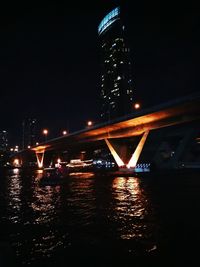 Illuminated bridge over river at night