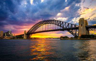 View of bridge over river at sunset