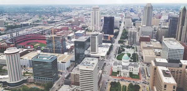 High angle view of modern buildings in city