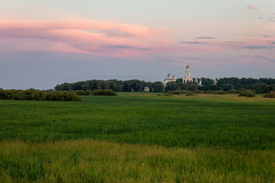 Scenic view of field against sky during sunset