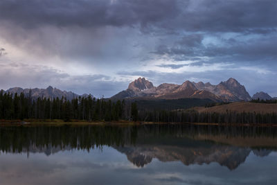 Scenic view of lake and mountains against sky