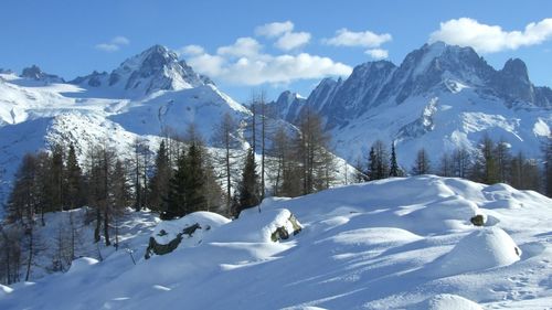 Snow covered mountains against sky