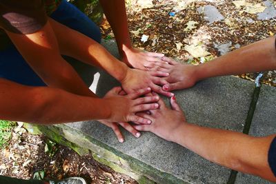 High angle view of people hands