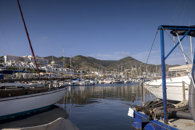 Sailboats moored in harbor