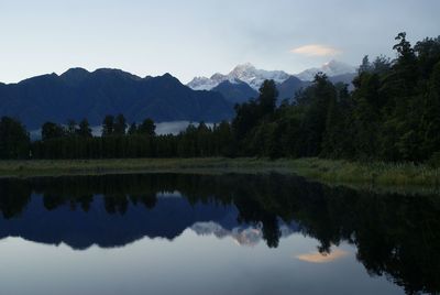 Scenic view of lake and mountains against sky