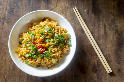 High angle view of food in bowl on table