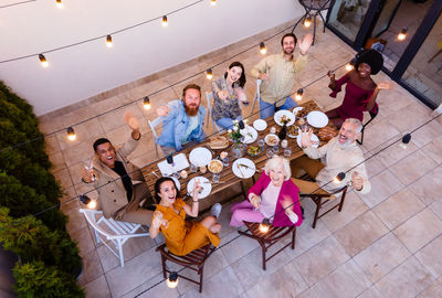 High angle view of people sitting at restaurant