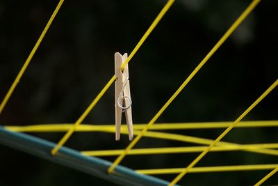 Close-up of clothespins hanging on washing line