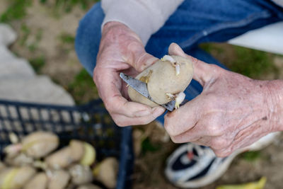 Low section of man cutting potato