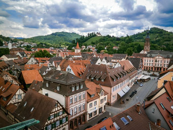 High angle view of town against cloudy sky