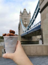 Cropped image of person holding food on bridge against sky