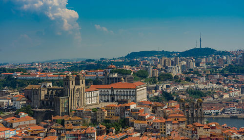 High angle shot of townscape against sky