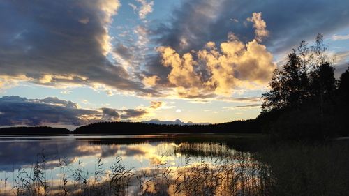 Scenic view of lake against cloudy sky