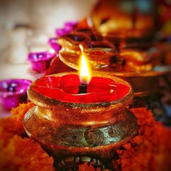 Close-up of lit tea light candles in temple