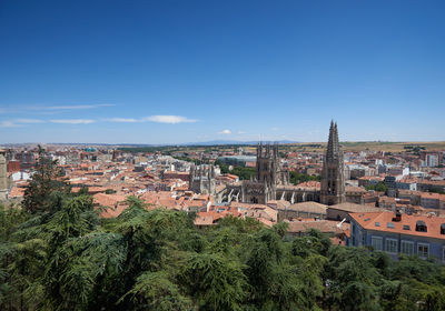 High angle shot of townscape against sky