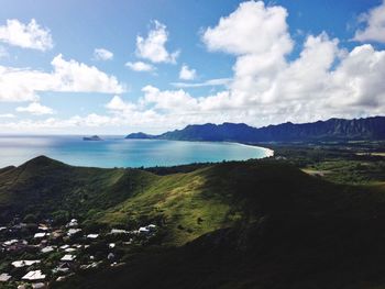 Scenic view of landscape and sea against sky