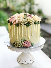 Close-up of wedding cake on table