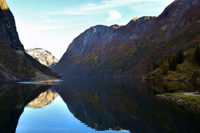 Scenic view of lake and mountains against sky