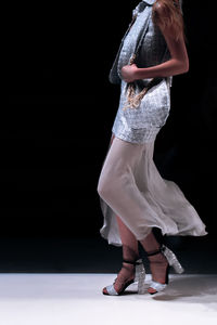 Classy chic outfit, white skirt and blue jacket, women's fashion cloth, fashion model