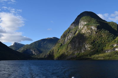 Scenic view of sea and mountains against blue sky