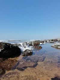 Scenic view of beach against clear sky