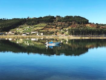 Boat in lake against clear blue sky