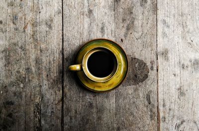 Directly above shot of coffee cup on wooden table