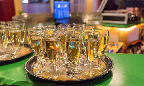 Champagne flutes on table in party