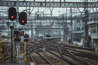 Railroad tracks with buildings in background