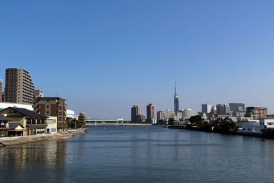 River and buildings against clear sky