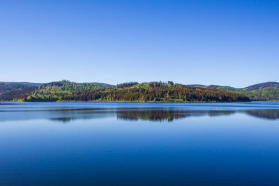 Scenic view of lake against clear blue sky