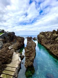 Rocks in sea against cloudy sky