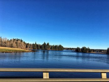 Scenic view of lake against clear blue sky